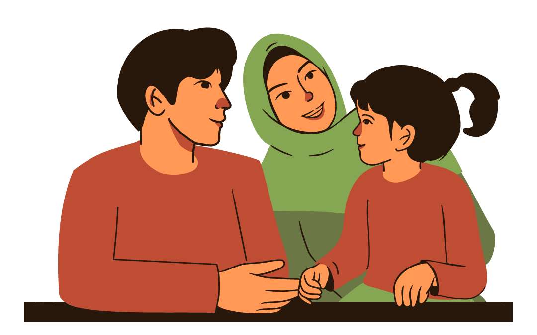 A muslim family engaging with one another in a conversation. In this image there is a father, mother, and their daughter.