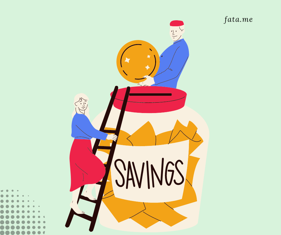 The image shows people saving their money by putting it in a jar. The ladder is oversized and the people stand on top, either adding money to the jar to standing next to it, showing that saving is a priority.