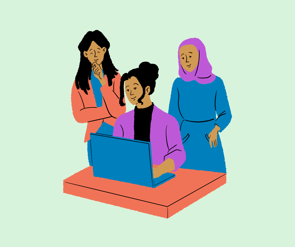 Three teen girls huddled together over a laptop and are working on a team project together.