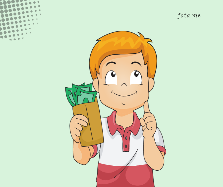 a young boy thinking and holding a wallet full of riyals