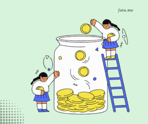 a girl adding spare coins to a giant jar by climbing a ladder