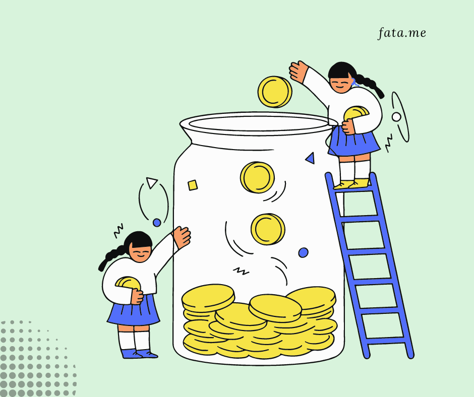 a girl adding spare coins to a giant jar by climbing a ladder