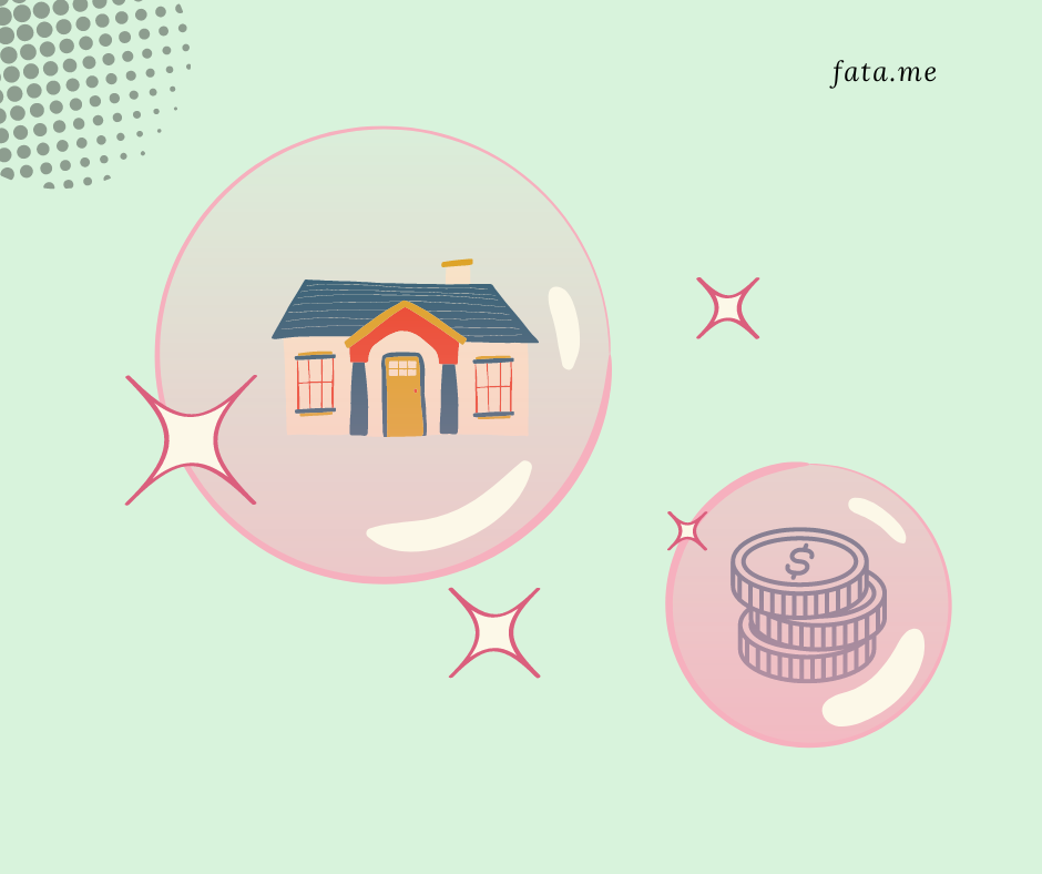 this image shows a bunch of bubbles in the air. One has a house in it. Another has a stack of coins.